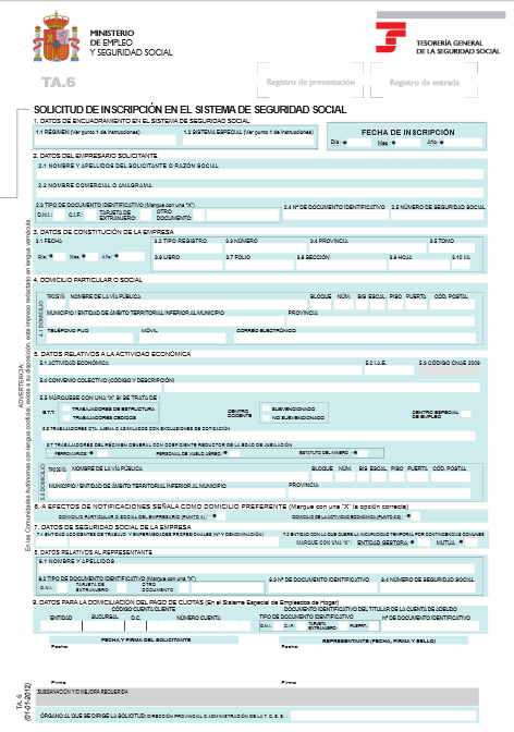 Modelo TA.6. Solicitud de inscripción en el sistema de la Seguridad Social