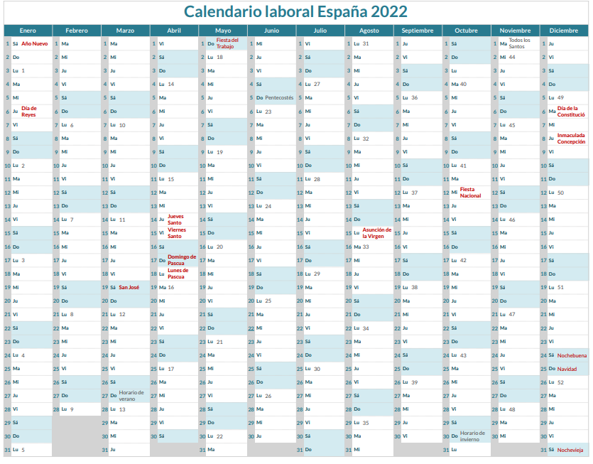 Calendario de festivos y días laborales del año 2022
